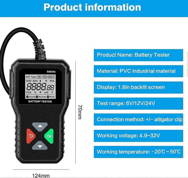 Bilbatteritester, BM550 Bilbatteritester 6V 12V 24V Batteritester med Spændingstest 100 til 2000 CCA Batterianalysator til Bil Lastbil