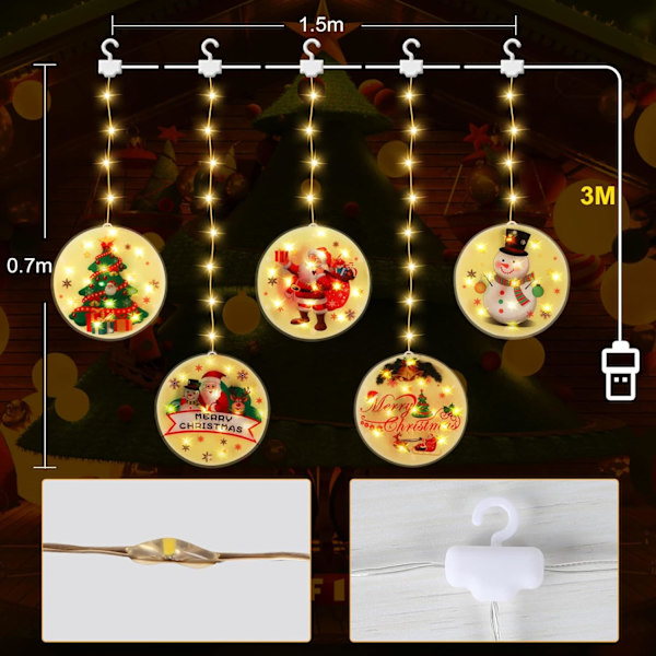 Julgardin sagolampa med 5 justerbara julhängen, 1,5m x 0,7m väggmonterad LED-lampa