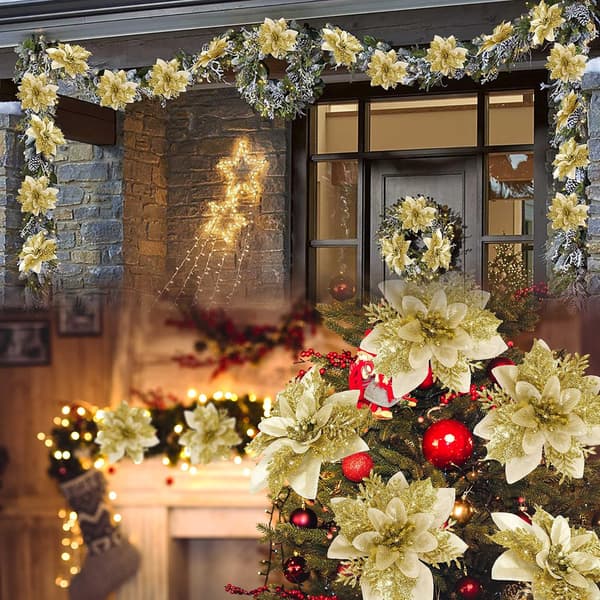 15 ST Guld Julstjerne Blomst Kunstig Julstjerne med Klips Julepynt