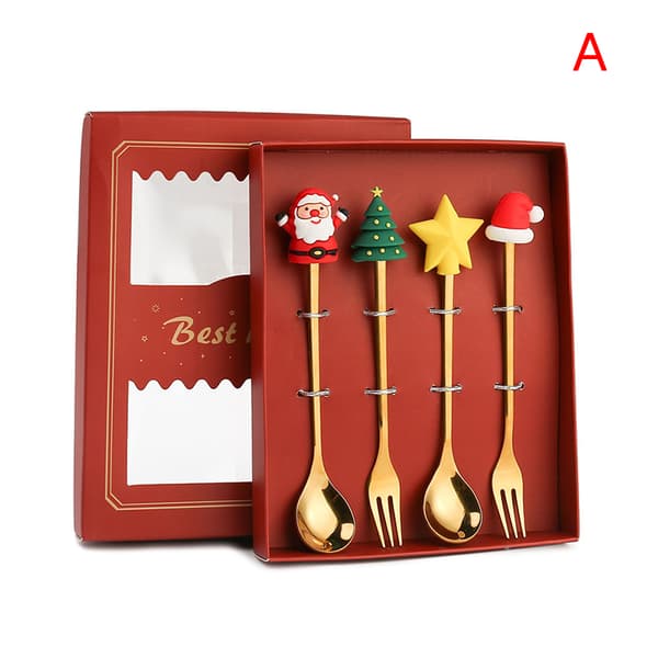 4ST6ST Julklapp Lery Sked Gaffel Set Elk Tree Dessert Sp Gold 4pcs