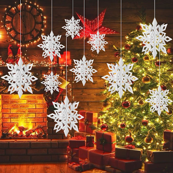 Vinterjulhängande snöflingadekorationer, 12 st snöflingor, krans & 12 st 3D glittrig stor vit snöflinga till jul Winter Wonderland Hol