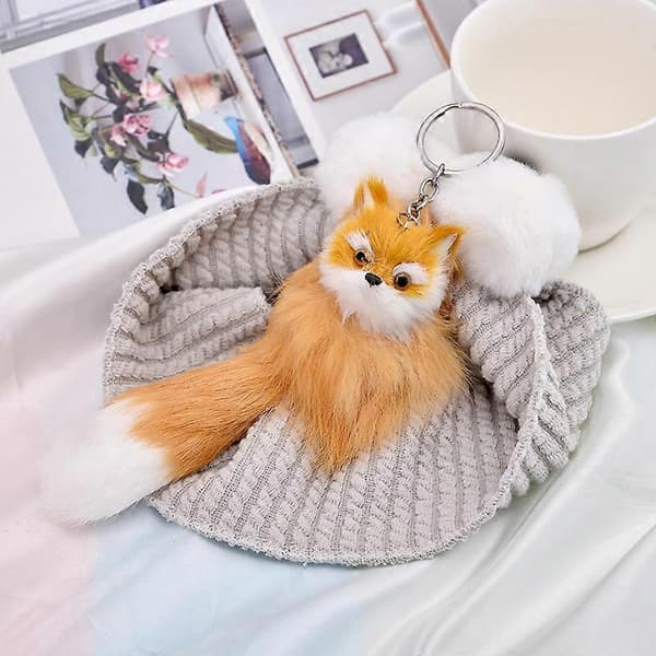 5 st Nya Söta Fluffiga Nyckelringar med Räv i Konstpäls Pompon