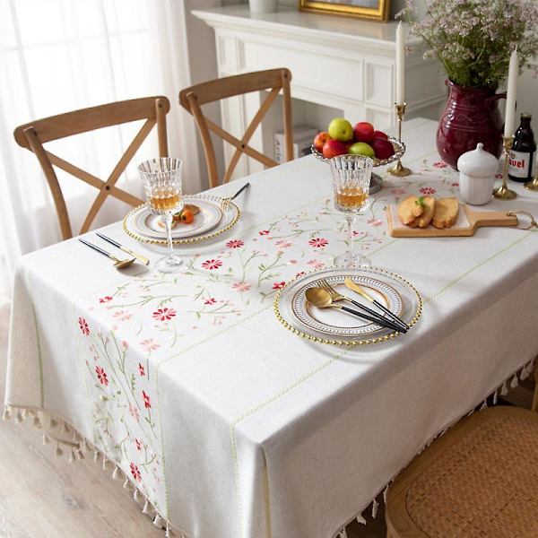 Bordsduk, blommönster broderi tofs bordsduk, fläckbeständig Enkel rengöring för köksinredning bordsduk Res