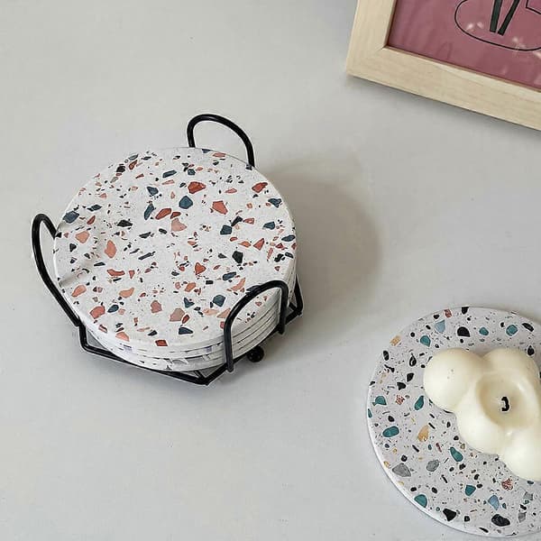 Terrazzo Marmor Absorberende Coasters med Holder Sett med 4, Drikkeunderlag, Coasters til Salongbord, Coaster Sett, Marmor Coasters, Drikke Coasters