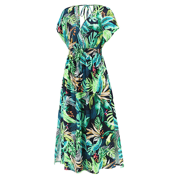 2023 Sommerkjole Dame Sommermode Bat-wing ærme V-udskæring Åben ryg Print Strandkjole SunDress Linned Kjole, Grøn, XL