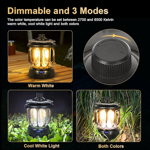 Musta LED USB Ladattava Camping Valaisin Vintage Himmennettävä Lämmin Whi