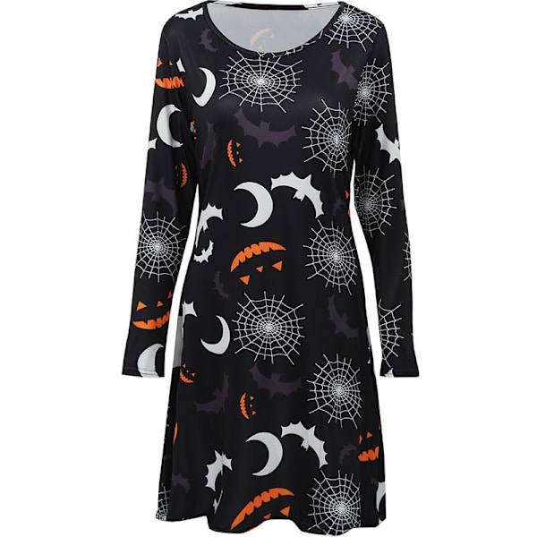 Ny Kvinde Halloween Kjole Græskar Flagermus Print Langærmet Rundhalset Party A-Line Skater Flare Mini Flare Kjole, Model:4-M