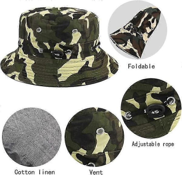 Solhette med bred brem med hakestropp, sideknapper og ventilasjonsåpninger (grønn kamuflasje)