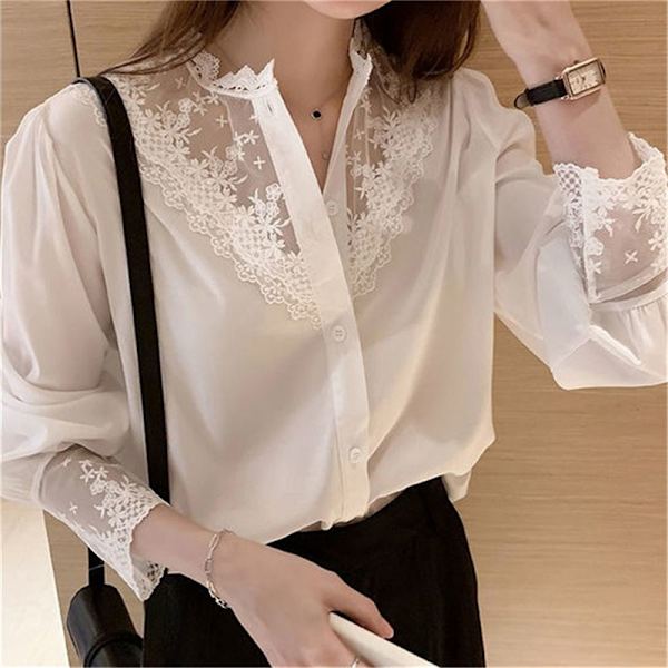 Mode Kvinnor Spets Patchwork Chiffong Blusar Vintage Elegant Lo White XL