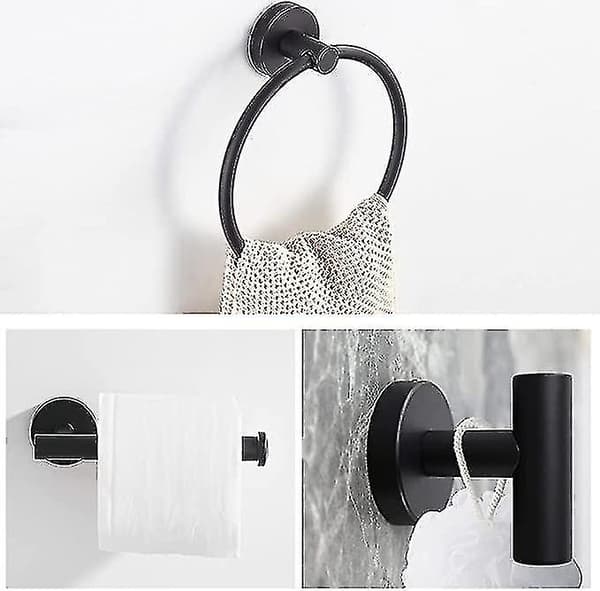 Matsort rustfrit stål sæt inkluderer badehåndklædering, toiletpapirholder og håndklædekroge, badeværelsestilbehørssæt