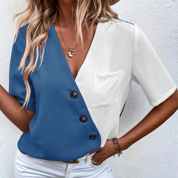 Kvinder Button Down Chiffon Skjorter Lommer Sommer Toppe Blue L