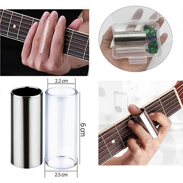 1 glass-slide, 1 rustfri stål-slide, 10 plektre med 1 oppbevaringsboks i plast