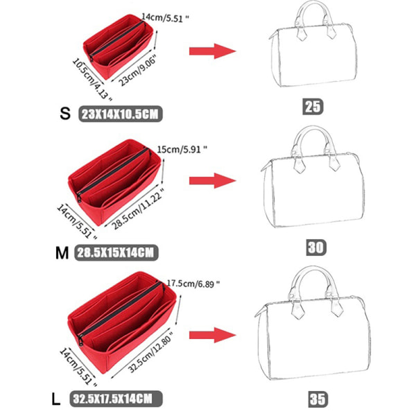 Taske Organizer Filtstof Indsats 25 30 35 Makeup Håndtaske Coffe StyleC M Red StyleC L