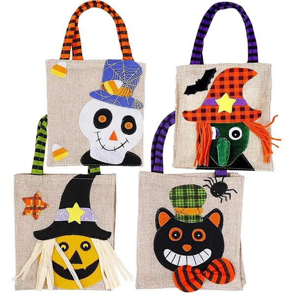 Halloween Canvas Stoffposer, Børne Canvas Trick or Treat-poser, Goodiebags, Slikpose til Fest, Halloween Party Favor Poser, 4-pak