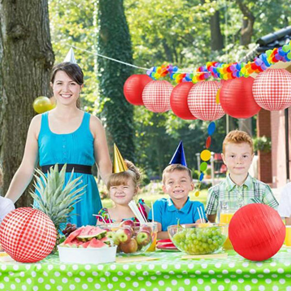 5 styk papirlanterner dekorative runde kinesiske hængende lanterne Let at samle til bryllup Baby fødselsdagsfest lampeskærm Red plaid