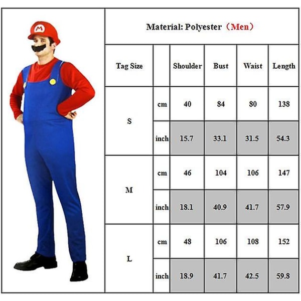 Super Mario uigi Bros Dräkt, Vuxen Barn Klassisk Rörmokare Fancy Dress, Halloween Jul Cosplay Party Outfit För Kvinnor Män Pojke Tjej Men Red L