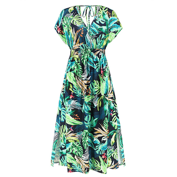 2023 Sommerkjole Dame Sommermode Bat-wing ærme V-udskæring Åben ryg Print Strandkjole SunDress Linned Kjole, Grøn, XL