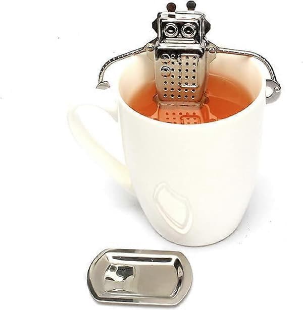 4 stk. te-infuser i rustfrit stål, robotformet med lang kædekrog, te-si, ske, sukker- og mel-sigter, filtre, te-intervaldiffuser til løs te