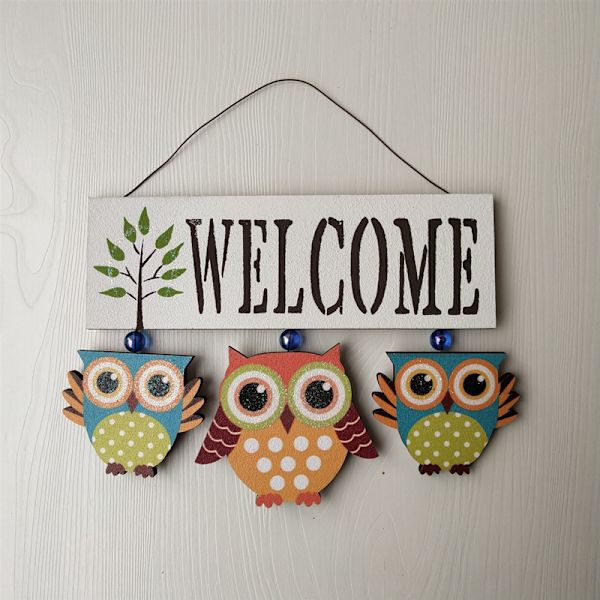 Owl Welcome Hängande träskylt ytterdörrdekor (blå) White