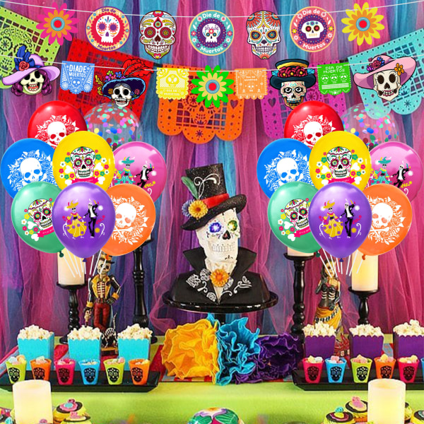 2-PACK Mexikansk Day of the Dead Animal Skull Ballong Flagga Flagga Day of the Dead Dekorationstillbehör för Halloweenfest cake insert set