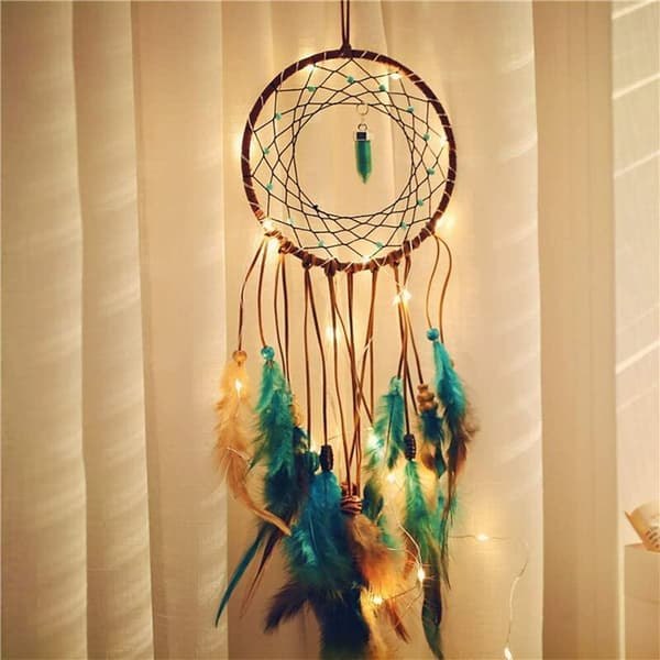 Liten Drömfångare med LED-lampor, Drömfångare Väggdekor Heminredning - 13cm diameter, 45cm längd