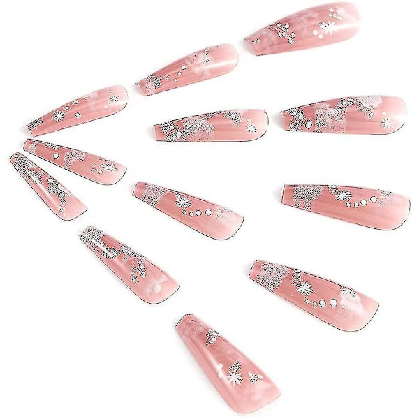 False Nails Rosa Lång Snö Glitter Press On Nails Stick On Nails