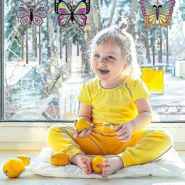Tuulikellojen askartelusetti, 8 sarjaa DIY puisia perhostuulikelloja lasten sarja maalaussiveltimillä, DI