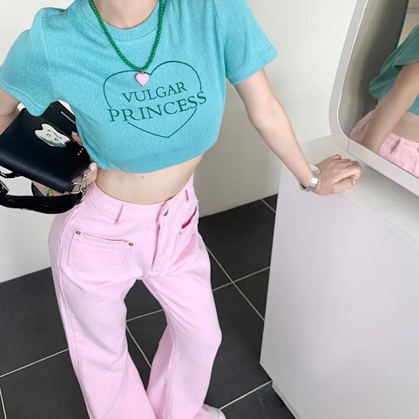 FINORD Retro Vaaleanpunaiset Kellohousut Naisten Taskulliset Streetwear Korkea Vyötärö Baggy-farkut Löysät Korealaiset Levenevät farkut Pink M