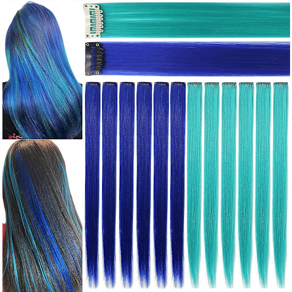 12 stk Princess Party Highlight Blå Teal Hårstykker Farget hårforlengelse Clip in/On for amerikanske jenter Parykk for barn (Blå + Teal)