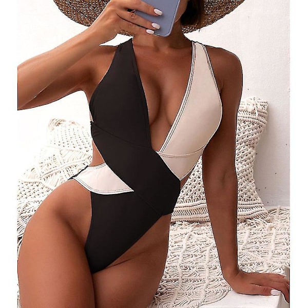 Riseado Color Block Badedragt One Piece Deep V Badedragt Black S