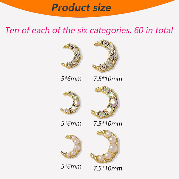Neglekunst Perle Måne Legering Diamant Neglebor Strasskrystaller Neglekunst 60 stk for DIY Neglekunst Manikyr Smykkefremstilling golden