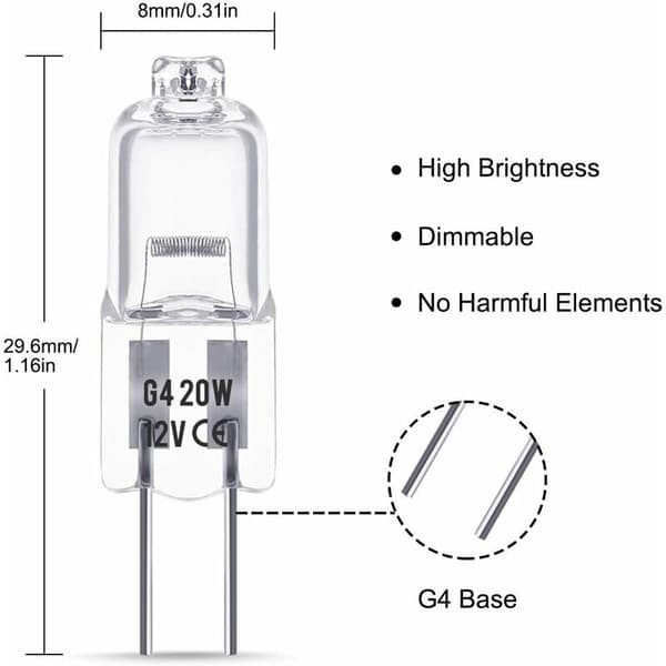 10-pack Halogenlampor G4, 12V 20W, Varmvit 3000K, 350LM, Dimbar