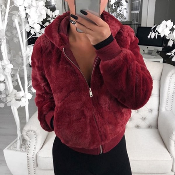 Höst Vinter Kvinnor Varm dragkedja Hooded Faux Wine Red 3XL