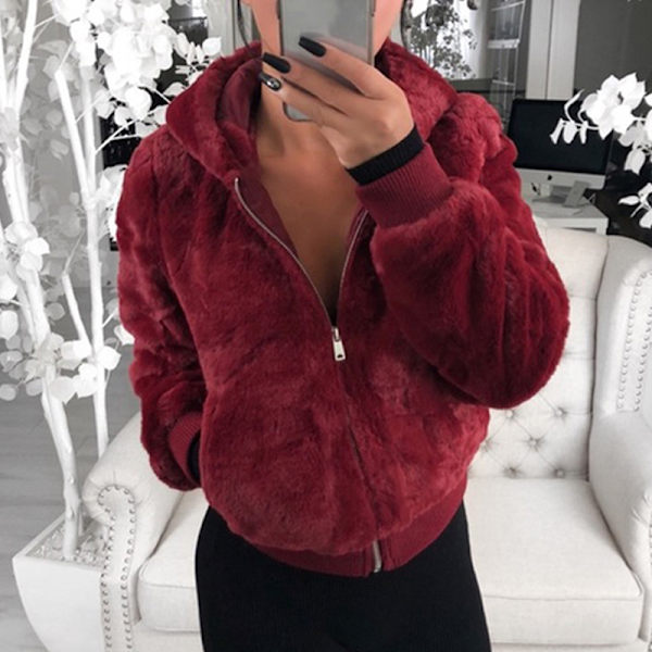 Höst Vinter Kvinnor Varm dragkedja Hooded Faux Wine Red L