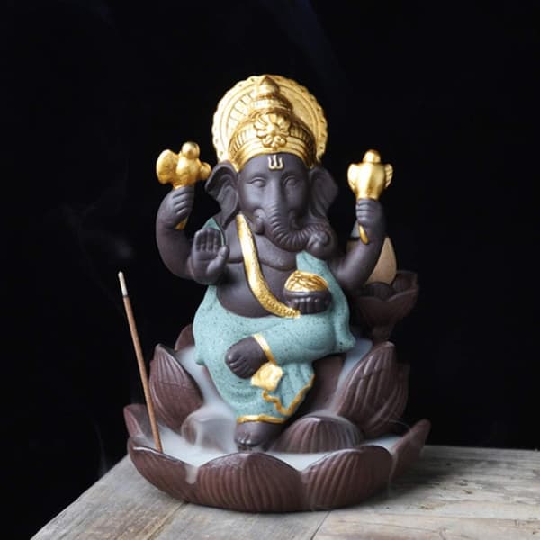Rökelsebrännare i keramik Ganesh Elefantgud Rökelsehållare Ganesh Staty Elefant Buddha Figur Grön