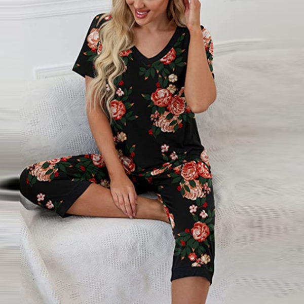 Dampyjamas 2 delar Sovkläder kortärmad Tee & capribyxor Black M
