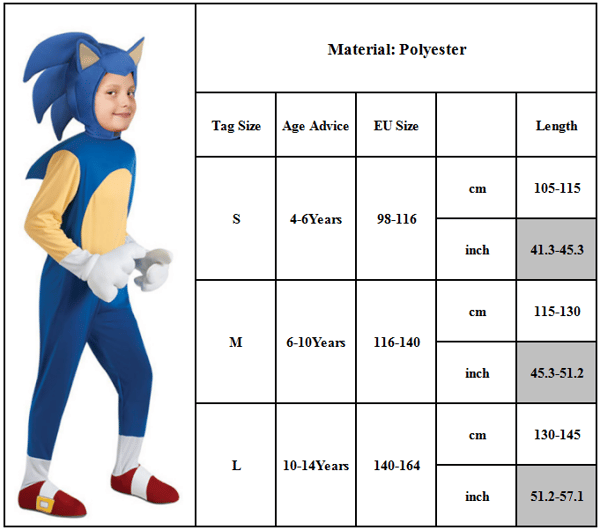 Sonic The Hedgehog Cosplay Halloween-klær for barn Gutter Jenter Overall + Mask + Handskar 4-6 år = EU 98-116