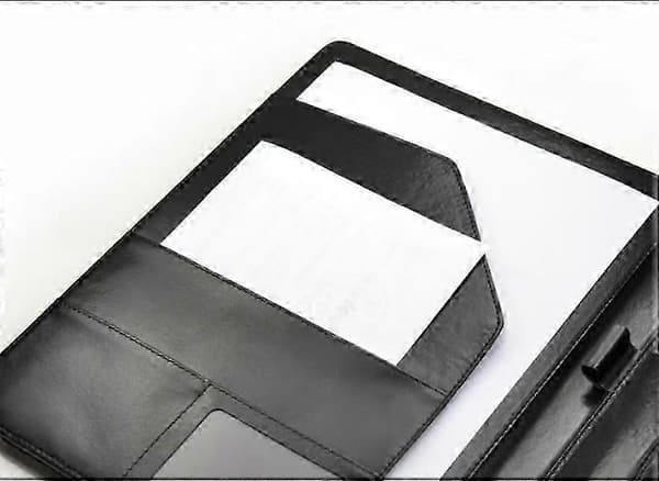 Sort kunstlæder A4 mappe - A4 clipboard med klips til konference - Sammenfoldelig folio med lommer til dokumenter, kortholder og notesblok - Til mænd og kvinder