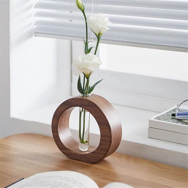 Enkel vas med 1 provrörsglas, bordsvas, trävas, blomsterbas, transparent, blomsterarrangemang