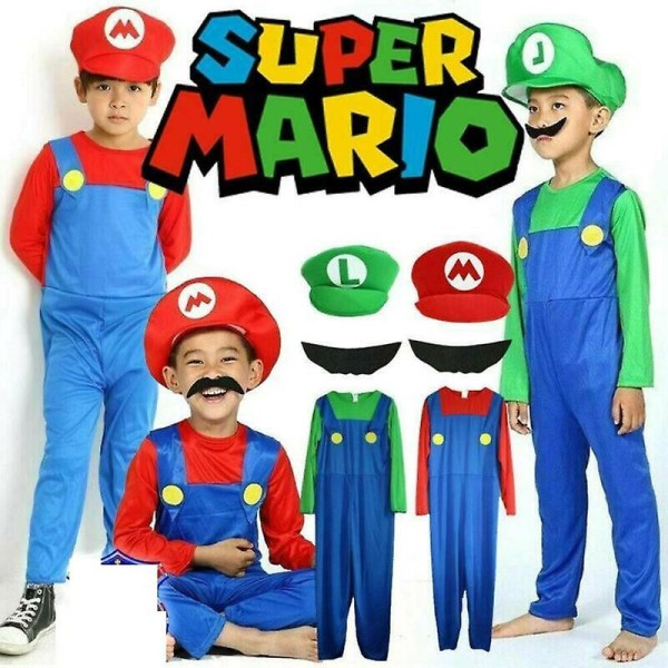 Super Mario Luigi Bros Dräkt, Vuxen Barn Klassisk Rörmokare Fancy Dress, Halloween Jul Cosplay Party Outfit För Kvinnor Män Pojke Tjej Boys Green 9-10Years