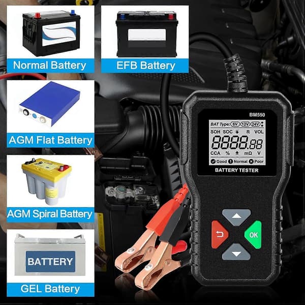 Bilbatteritester, BM550 Bilbatteritester 6V 12V 24V Batteritester med Spenningstest 100 til 2000 CCA Batterianalysator for Bil og Lastebil
