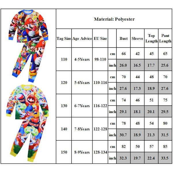 Super Mario ostume Kid Sovkläder Långärmade Byxor Pyjamas Set C 150cm