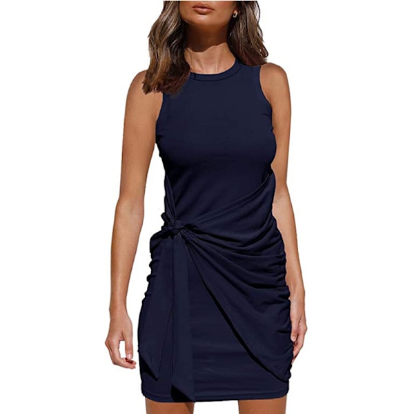 2023 Damer sommar Casual ärmlös strandtankklänning Bodycon Ruched miniklänningar Navy blue 2XL