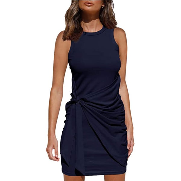 2023 Damer sommar Casual ärmlös strandtankklänning Bodycon Ruched miniklänningar Navy blue L