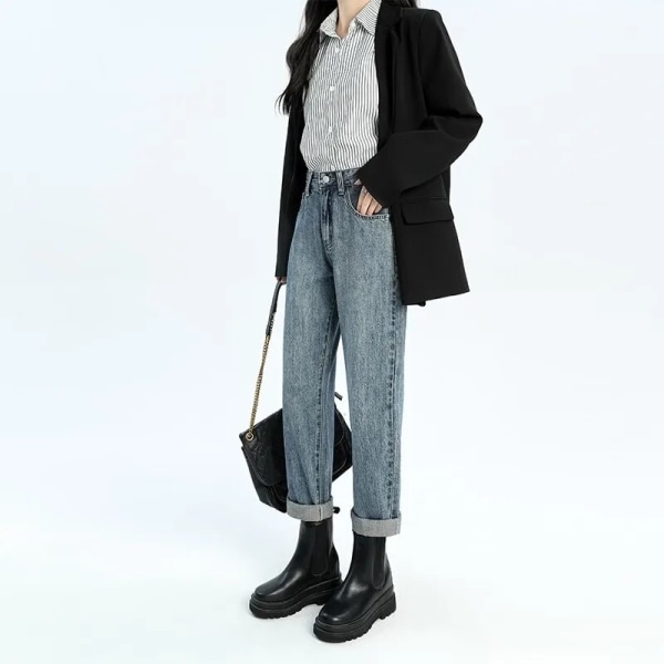 FINORD Korkea vyötärö Rento Beige Baggy Farkut Naiset Korealaiset syysfarkut Streetwear Harajuku Vintage Talvi Suorat farkut SkyBlue L