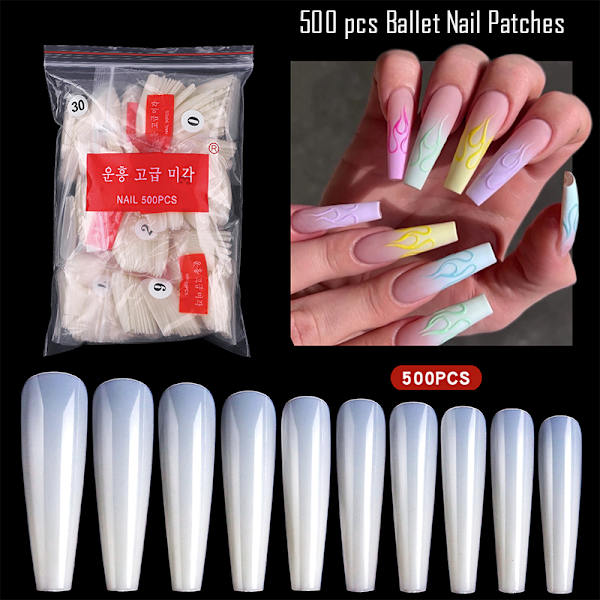 500 Cover Heltäckande Akryl Balett Lång Falsk Nail Tips Nagelverktyg transparent