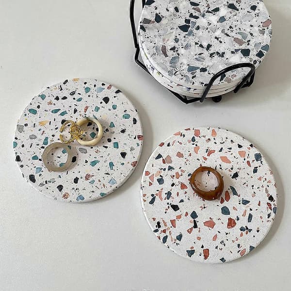 Terrazzo Marmor Absorberende Coasters med Holder Sett med 4, Drikkeunderlag, Coasters til Salongbord, Coaster Sett, Marmor Coasters, Drikke Coasters