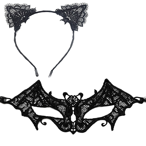 Halloween Catwoman -setti, Musta Pitsi Kissan Korvat Seksikäs Maskaradi Silmämaski shape6