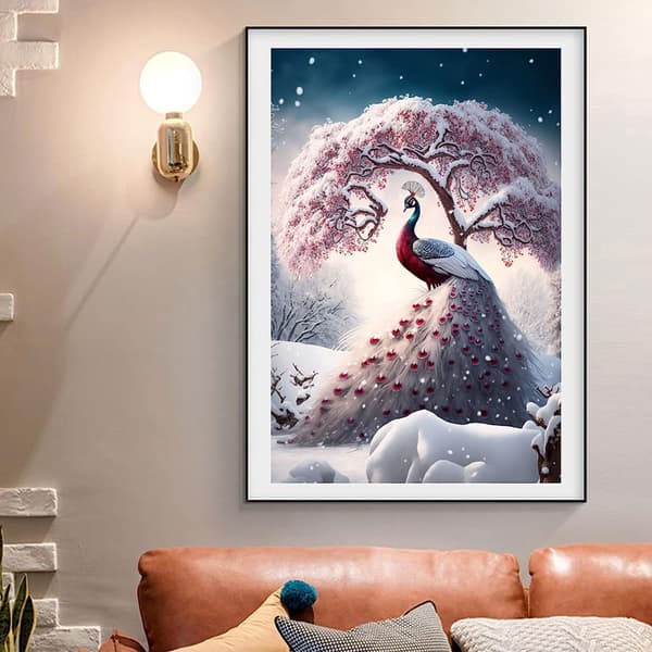 DIY Diamantmaleri Sett, 12x16tommer, Påfugl i Snø