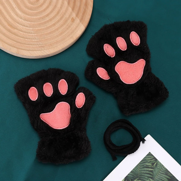 Nya Vinterhandskar Kvinnor Björn Plysch Katt Tafs Klo Handskar Söt kattunge Fingerless vantar Jul Halloween för flickor Presenthandskar Black